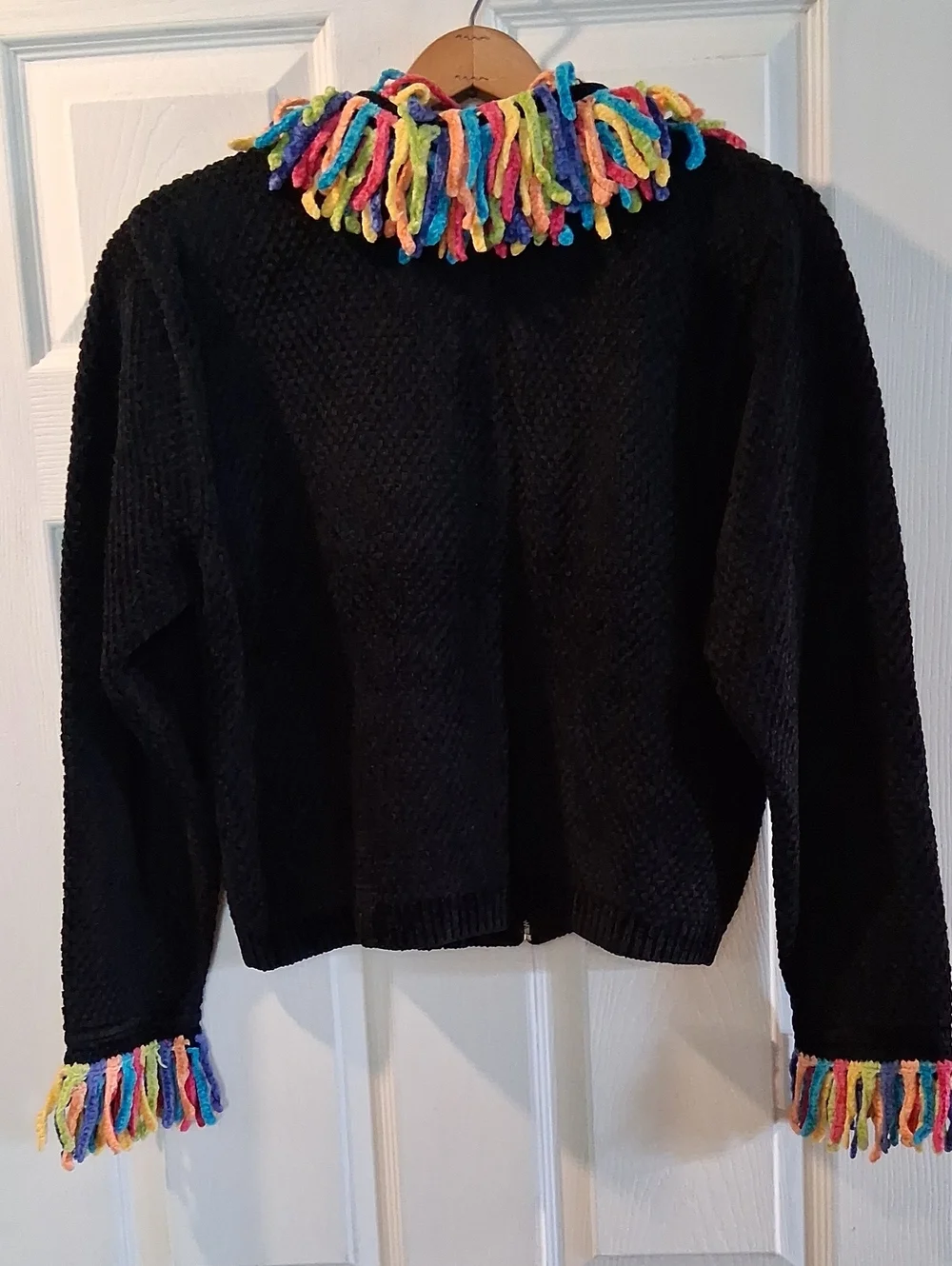 Berek Y2k Black Fuzzy Zip Up Jacket with Multicolor Fringe Trim VINTAGE